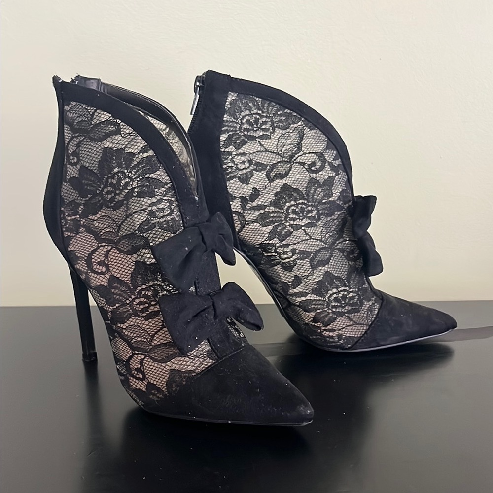 Madison by Shoedazzle Alanna high heel black suede lace booties back zip - Picture 3 of 11